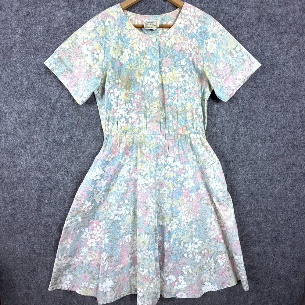 Vintage Christina Grant Fit & Flare Dress Womens Pastel Floral 80s Picnic Day